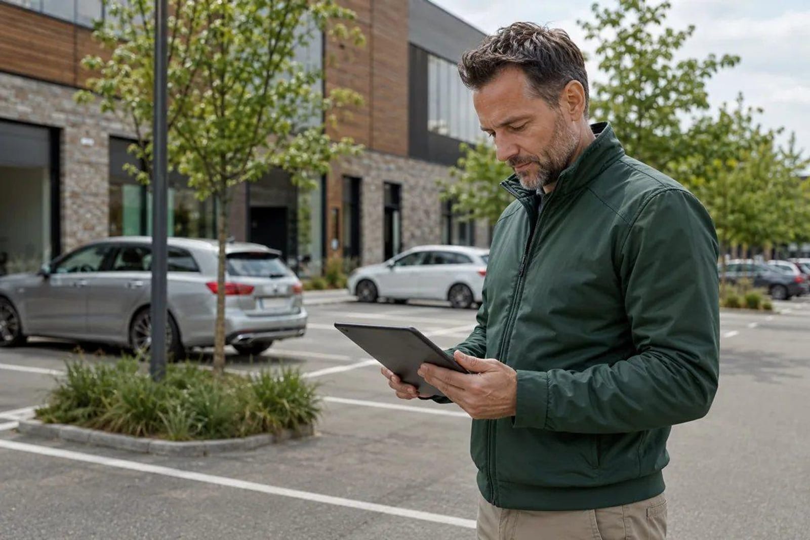 Person mit Tablet bei der Parkraumkontrolle